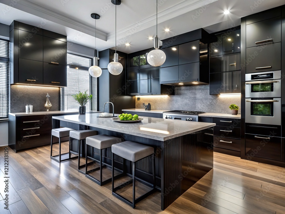 Fototapeta premium Sleek Modern Black Kitchen with Elegant Marble Countertops and Backsplash