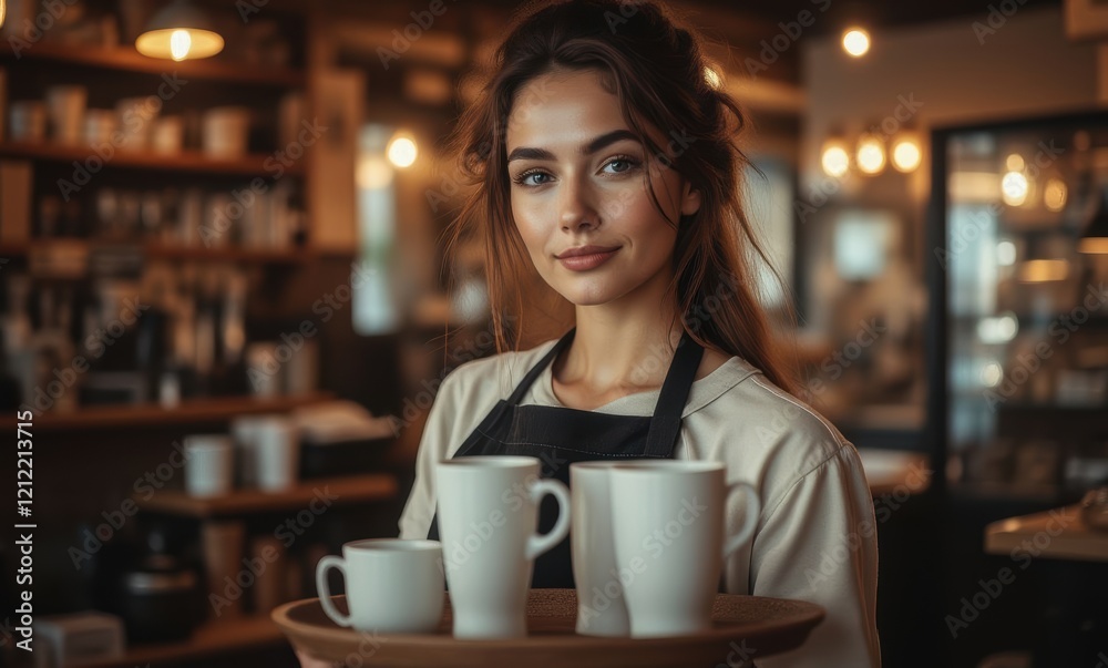 Young woman serving coffee in a cozy cafe Young woman serving coffee in a cozy cafe