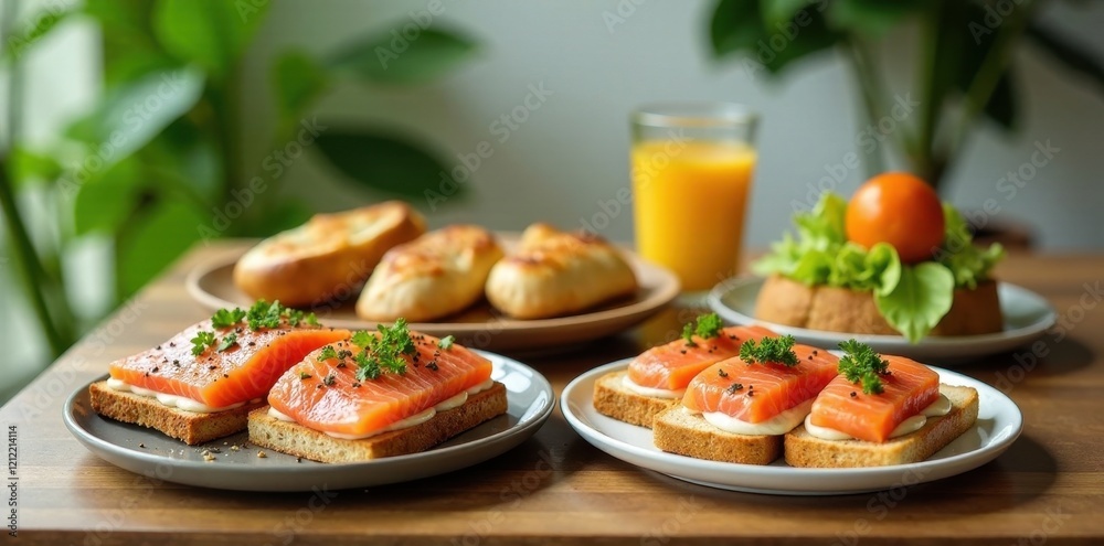 Savory Salmon Canap?s with Creamy Spread and Fresh Herbs, Served with Baked Bread and Citrus Juice