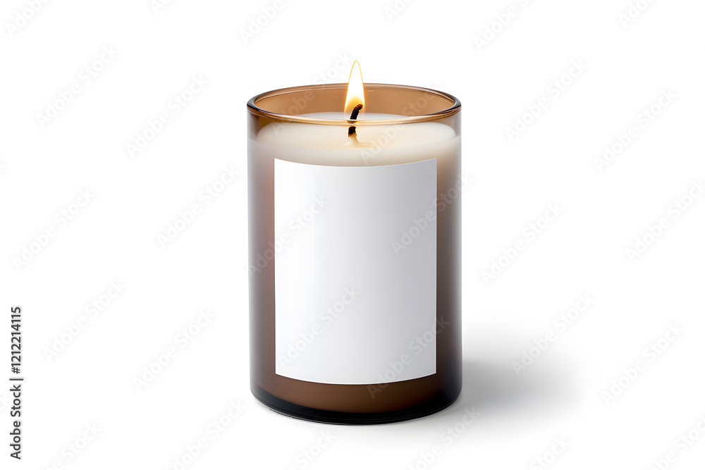 Burning candle with blank label mock up isolated on white background Burning candle with blank label mock up isolated on white background