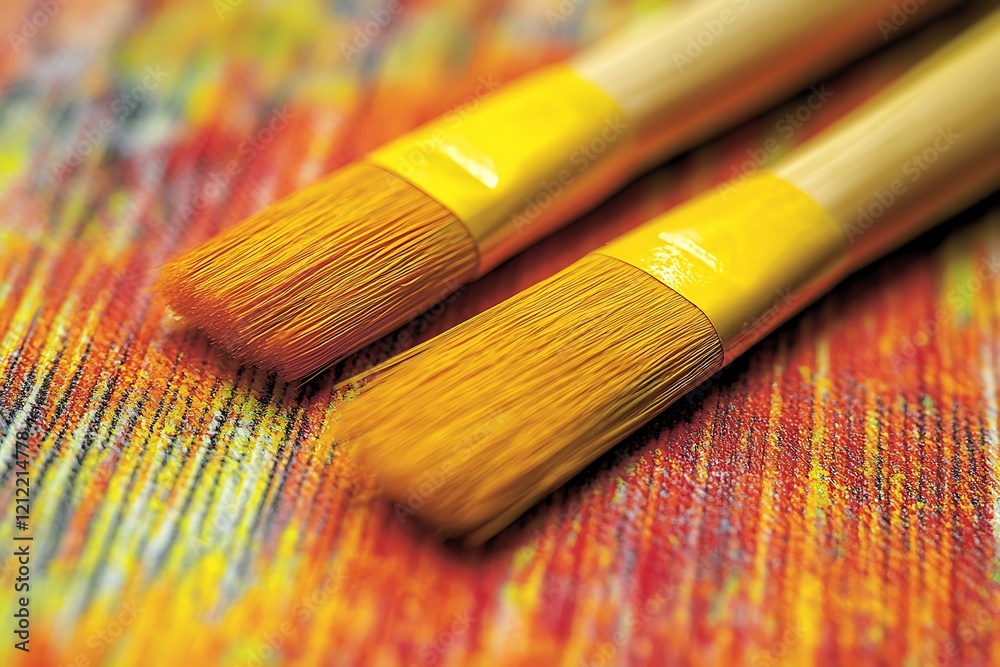 Fototapeta premium Two paintbrushes rest on a vividly painted canvas.