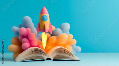 A playful abstract composition where a toy rocket springs from the center of an open book, with a bokeh background in vibrant colors emphasizing movement and excitement,