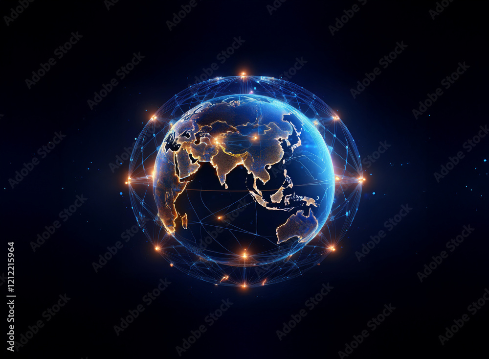 Obraz premium A glowing digital Earth encircled by a network of interconnected nodes, representing global communication and connectivity. Points of light illuminate the continents.