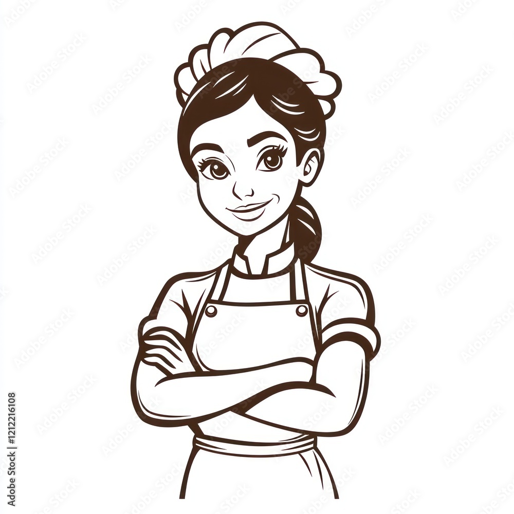Woman in apron with arms crossed, illustration for culinary, service, or product promotion with white background Woman in apron with arms crossed, illustration for culinary, service, or product promotion with white background
