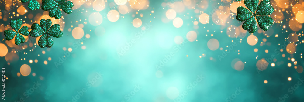 A vibrant festive background featuring shining green clover shamrocks scattered across a golden bokeh backdrop, creating a magical St, A vibrant festive background featuring shining green clover shamrocks scattered across a golden bokeh backdrop, creating a magical St,