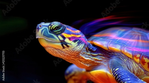 Vibrant turtle portrait.  Intricate shell detail and luminous colors.