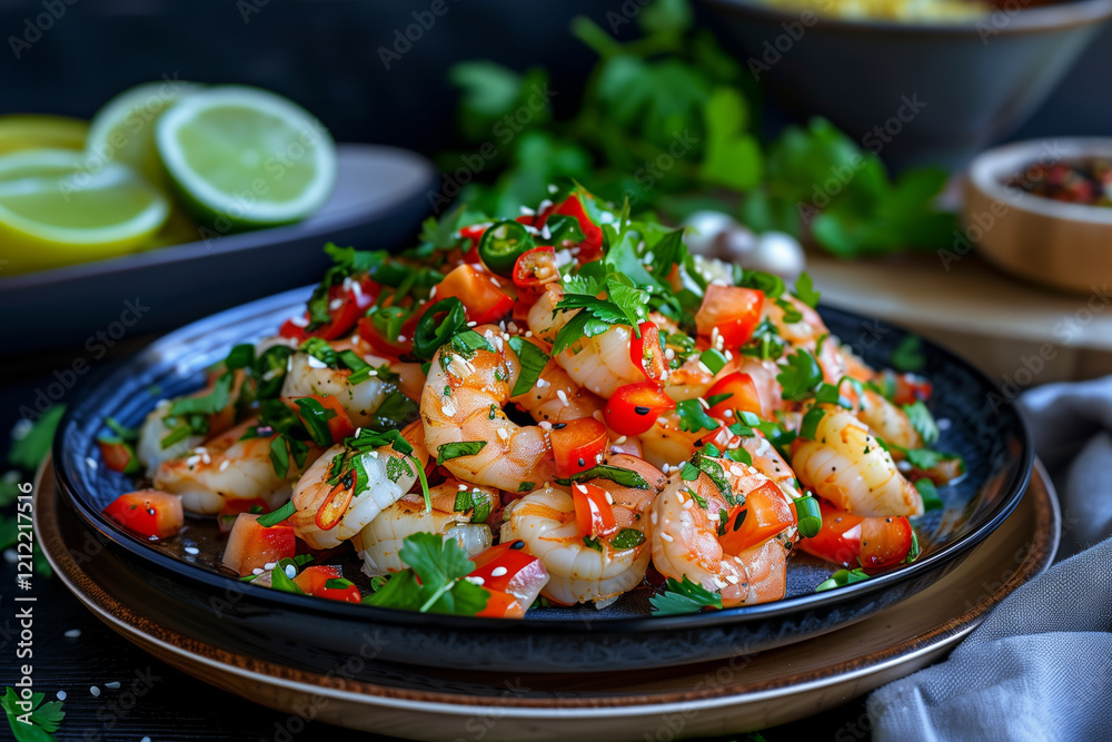Spicy Shrimp Dish with Tomatoes, Parsley and Sesame Seeds Spicy Shrimp Dish with Tomatoes, Parsley and Sesame Seeds