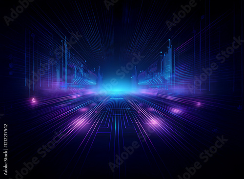 Abstract digital landscape  glowing blue and purple lines converging towards a bright center  creating a futuristic  technological city scene.  The image evokes a sense of speed and innovation.