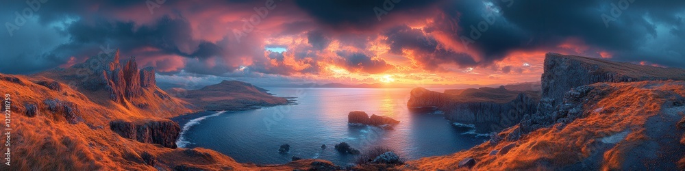 Dramatic sunset over rugged Isle of Skye cliffs, dark clouds loom above, rich colors and textures create a captivating landscape scene Dramatic sunset over rugged Isle of Skye cliffs, dark clouds loom above, rich colors and textures create a captivating landscape scene