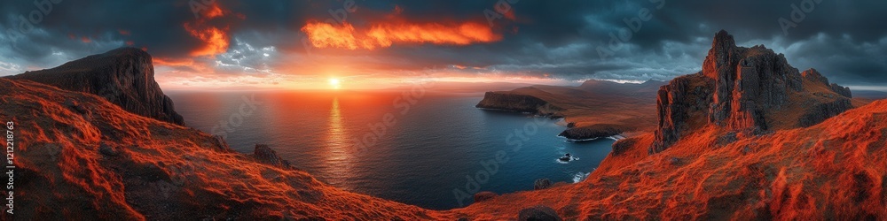 Dramatic sunset over rugged Isle of Skye cliffs, dark clouds loom, vibrant colors clash, nature's fierce beauty unfolds Dramatic sunset over rugged Isle of Skye cliffs, dark clouds loom, vibrant colors clash, nature's fierce beauty unfolds