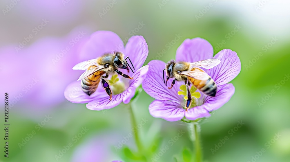 Bees pollinating purple flowers in garden; nature background; spring Bees pollinating purple flowers in garden; nature background; spring