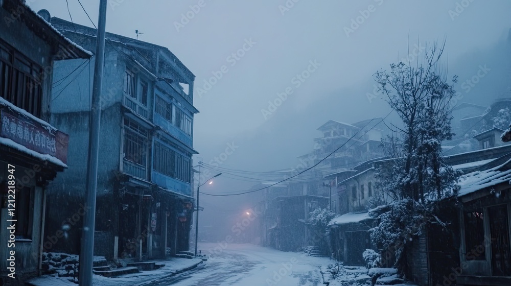 Fototapeta premium Snowy mountain village street at dawn, quiet atmosphere, potential for travel or winter theme use