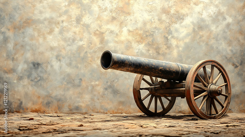 A vintage cannon rests on wooden wheels, showcasing its weathered design against a faded, textured backdrop. The setting evokes a sense of history and craftsmanship.