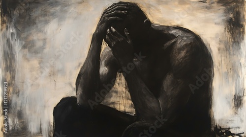 Man seated with his head resting in his hands, representing dull, lingering headache pain photo