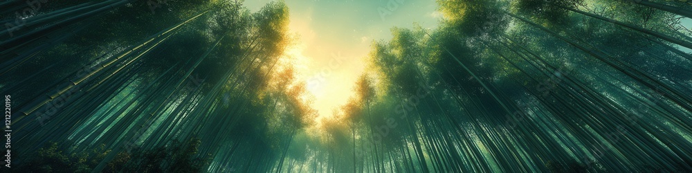 Fototapeta premium Arashiyama Bamboo Grove Serenity, towering bamboo swaying in the breeze, lush greenery enveloping the path, tranquil atmosphere inviting exploration