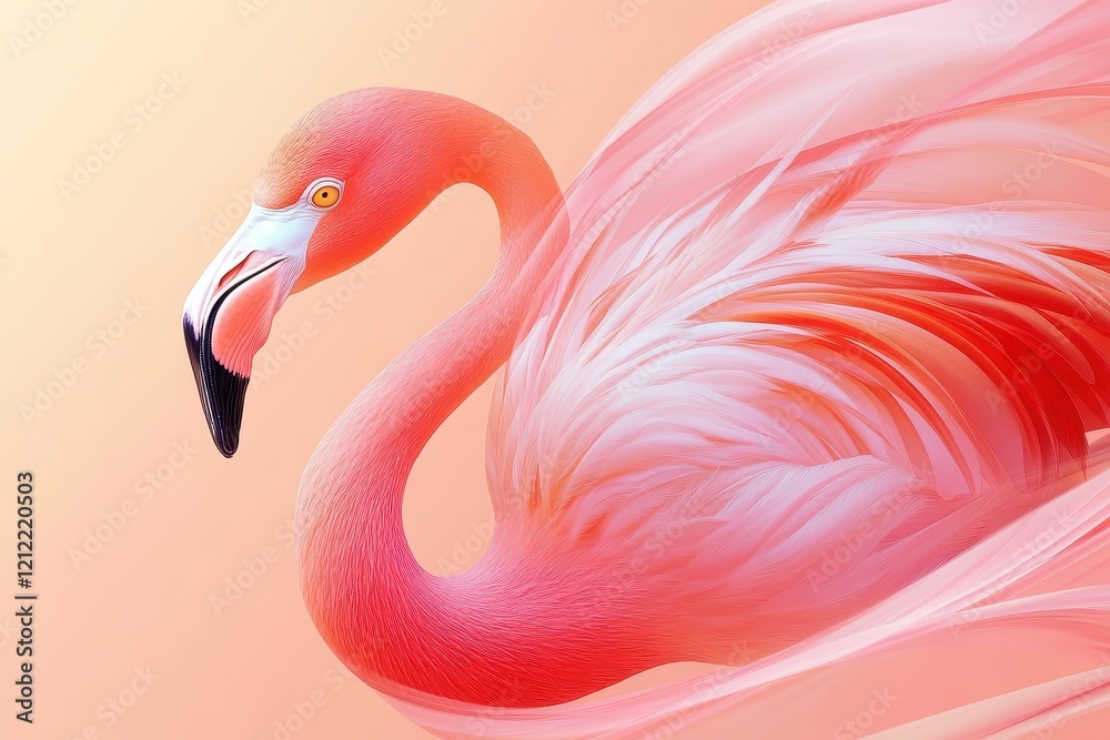 Fototapeta premium Graceful Flamingo Displayed with Elegant Feathers Against a Soft Peach Background