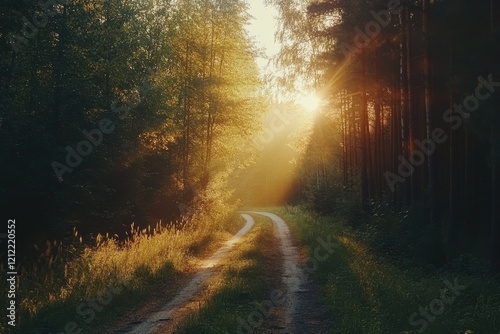 Sunlit forest path, golden hour, winding road, tranquil scene, nature background, peaceful journey photo