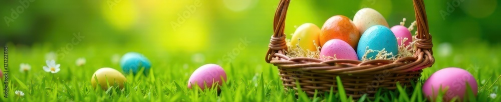Brightly painted Easter eggs nestled in wicker basket, others on green meadow grass, eggs, background, bright Brightly painted Easter eggs nestled in wicker basket, others on green meadow grass, eggs, background, bright