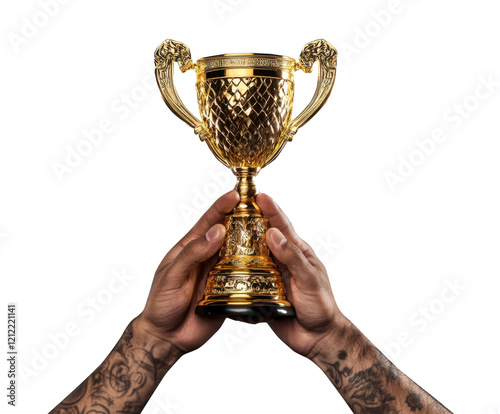 Hands holding a shiny golden trophy in celebration of victory at a competition or sporting event on transparent background photo