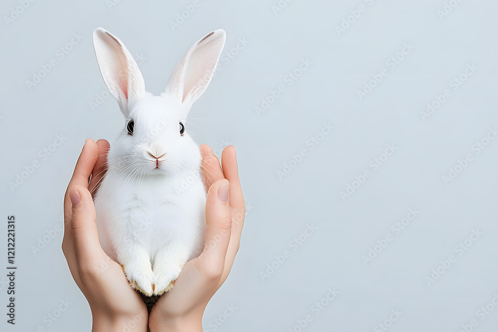 Obraz premium Close-up white rabbit in woman hands isolated on white background
