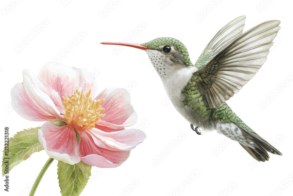 Obraz premium isolated transparent background vibrant hummingbird hovering near delicate pink flower, showcasing nature beauty and grace