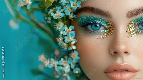 A close-up portrait of a woman with vibrant blue eyes, adorned with floral accents and sparkling makeup against a turquoise backdrop.