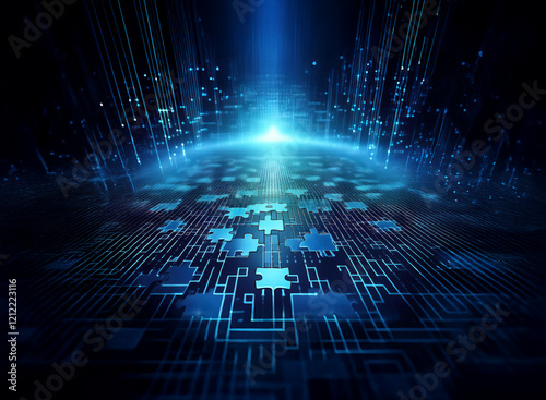 Abstract digital art depicting a glowing, futuristic cityscape composed of interconnected puzzle pieces on a circuit board, suggesting technological innovation and global connectivity.