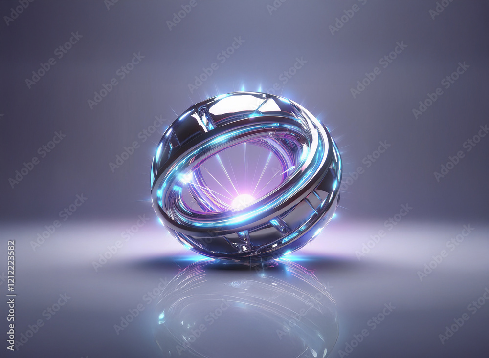 A gleaming chrome sphere, intricately designed, emits a vibrant purple-blue energy core. Its reflective surface showcases a futuristic, elegant design. A gleaming chrome sphere, intricately designed, emits a vibrant purple-blue energy core. Its reflective surface showcases a futuristic, elegant design.