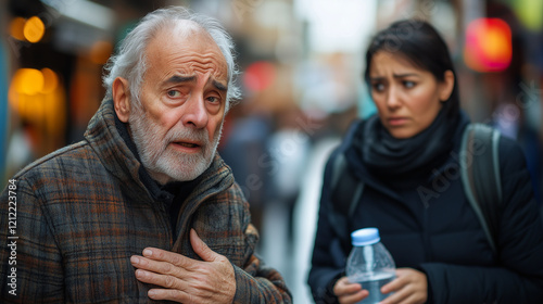 An elderly man looks worried with his hand on his chest as if his heart aches  and a woman holds a bottle of water for him to drink  while pedestrians walk past them on a busy city street.