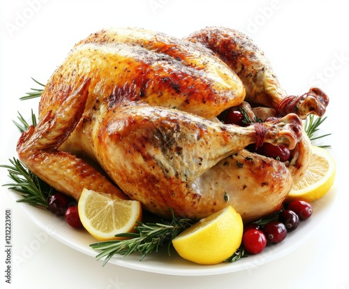 Perfectly roasted turkey garnished with fresh herbs and citrus for a festive table setting photo