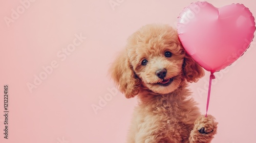 Adorable Toy Poodle Puppy with Pink Heart Balloon photo