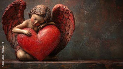Cherubic Angel with Large Red Heart Valentine Statue
