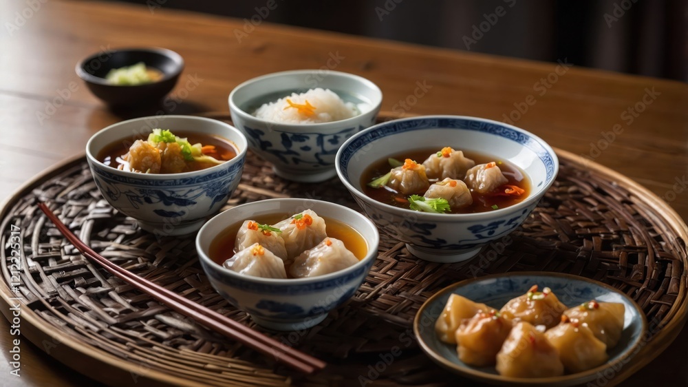 A beautifully arranged platter of dumplings and rice in traditional bowls. A beautifully arranged platter of dumplings and rice in traditional bowls.