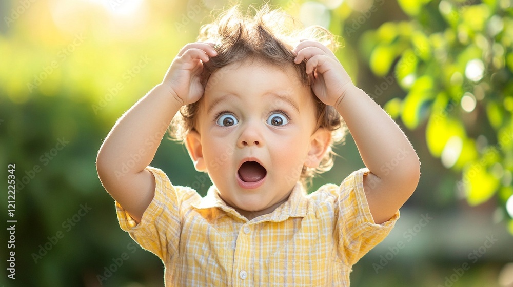 Adorable toddler with wide-open blue eyes and mouth showing extreme surprise while grabbing curly hair with both hands against blurred green summer garden background Adorable toddler with wide-open blue eyes and mouth showing extreme surprise while grabbing curly hair with both hands against blurred green summer garden background