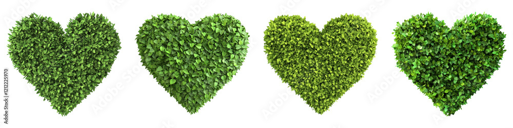 Fototapeta premium Lush green heart shaped bushes create whimsical garden display on transparent background