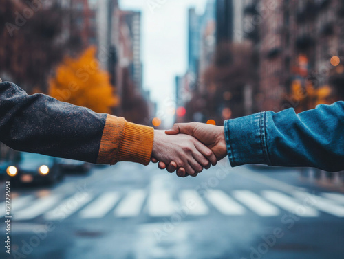 Two hands shake on a city street in the fall, marking a moment of connection between individuals