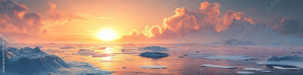 Obraz premium Arctic Icebergs at Midnight, dramatic ice formations, glowing horizon, serene frozen sea, tranquil yet powerful natural beauty