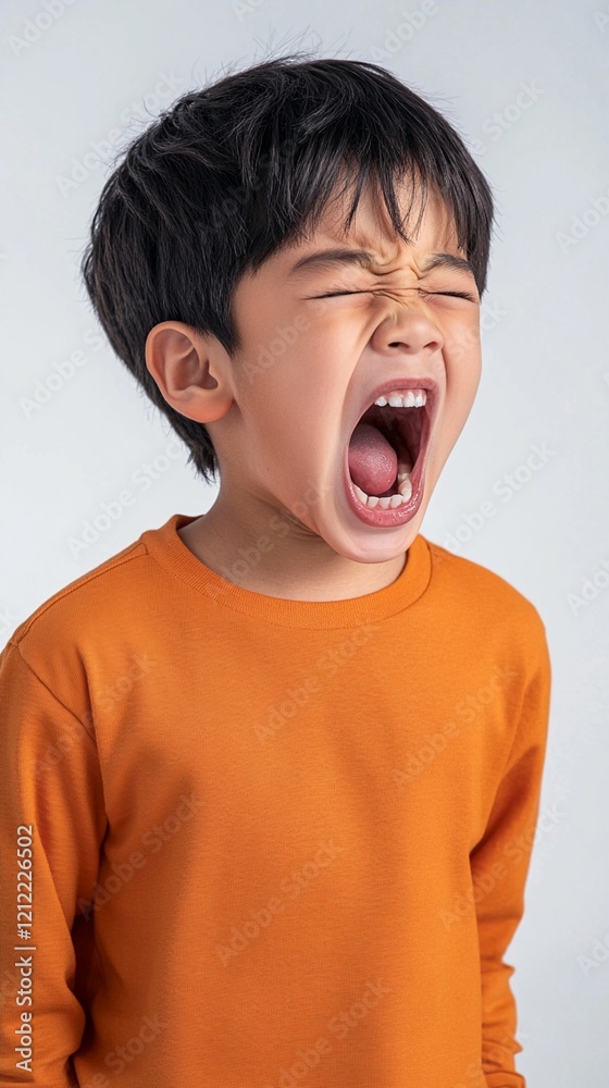 Young child in bright orange sweater yawning or expressing loud emotion against light background, showing natural candid moment of tiredness or excitement in studio setting. Young child in bright orange sweater yawning or expressing loud emotion against light background, showing natural candid moment of tiredness or excitement in studio setting.