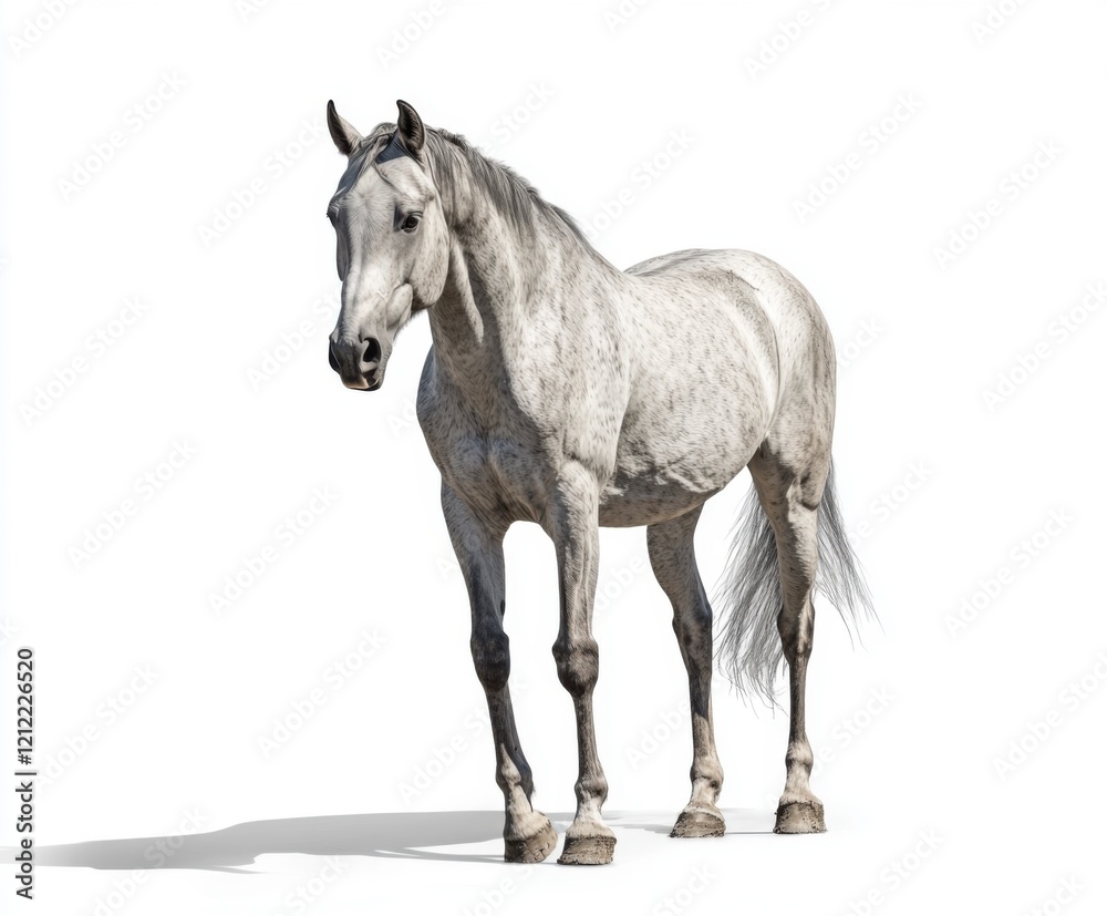 Obraz premium Majestic white horse standing elegantly against a plain background showcasing its strong build and flowing mane