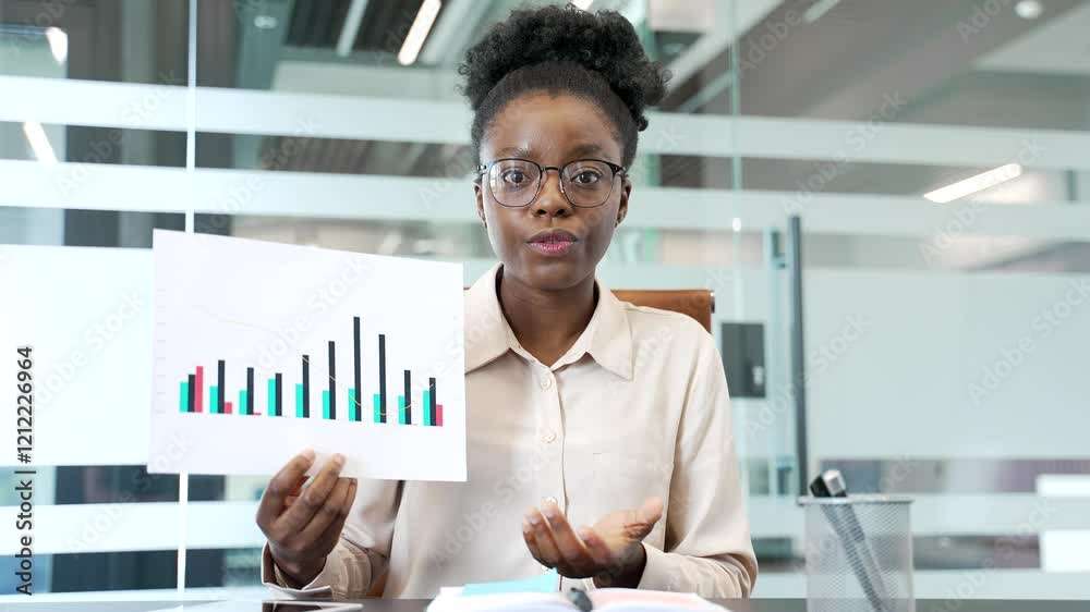 Webcam view. Confident african american female manager has a video conference presentation graph shows sitting at a workplace in business office. Businesswoman communicates remotely looking in camera