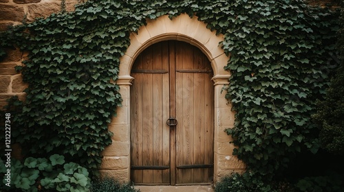 Old wooden door covered by ivy on stone wall photo