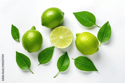 Wallpaper Mural Isolated top view of halved lime fruits with green leaf on white background Torontodigital.ca