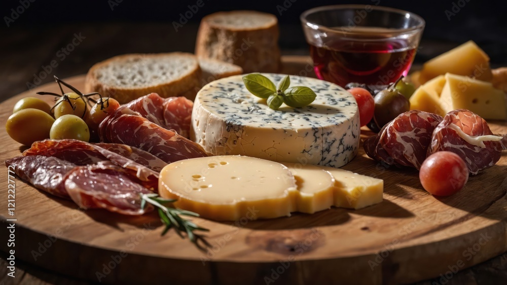 A gourmet cheese and charcuterie board with various meats, cheeses, olives, and a drink. A gourmet cheese and charcuterie board with various meats, cheeses, olives, and a drink.