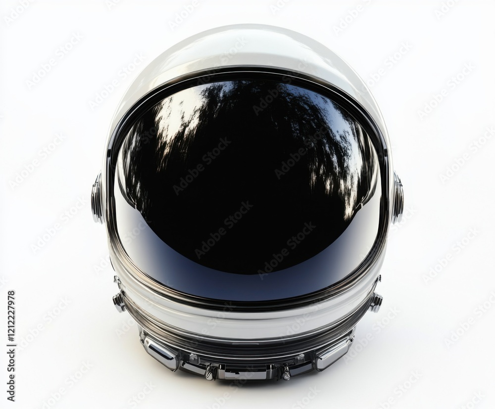 Fototapeta premium Astronaut helmet displayed against a white background highlighting its sleek design and reflective visor features