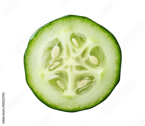 Freshly cut cucumber slice reveals vibrant green color and intricate seed pattern from a garden in summer on transparent background