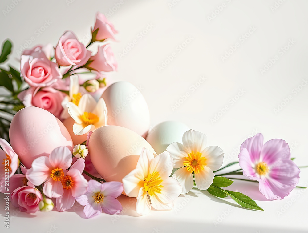 Easter Palette: Eggs and Flowers on a White Background Easter Palette: Eggs and Flowers on a White Background