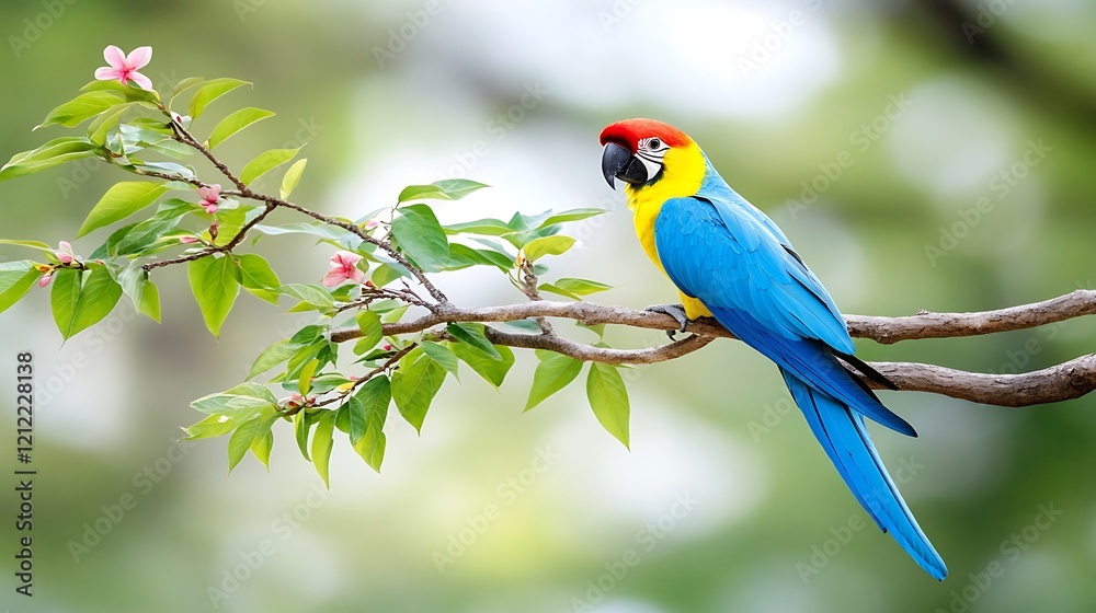 Fototapeta premium Blue and yellow Macaw Parrot on Branch with Pink Flowers