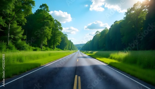 A long road with vibrant green trees and bright blue sky with white clouds leading into the distance