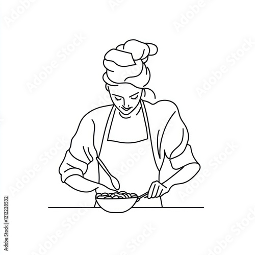 Woman chef stirring food in a bowl, cooking in kitchen, simple line art, illustration for cookbook or recipe photo