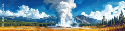 Dynamic geyser eruptions in Yellowstone National Park, steam rising, vibrant hot spring colors, showcasing nature's raw power and beauty